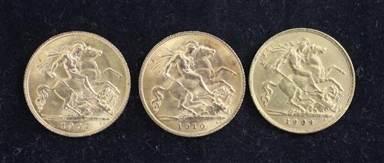 Three Edward VII gold half sovereigns,